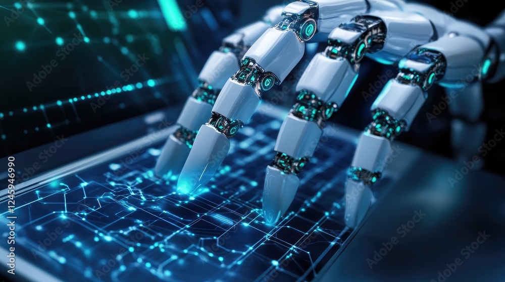 Poster Robots working together at a high-tech workstation under blue and green LED lighting, emphasizing the innovation and interconnectedness of modern robotics.