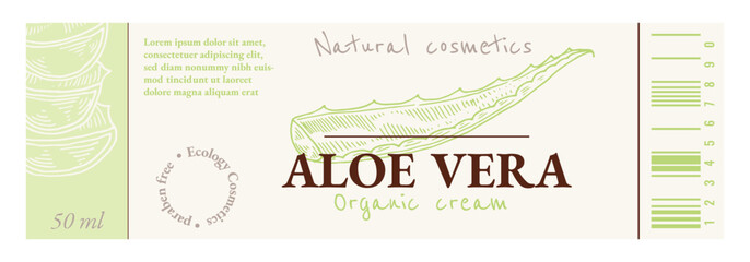 Aloe vera emblem design template. Natural cosmetics ingredient. Hand drawn ink sketch plant from package design. Ecology concept in beauty industry. Vector illustration.