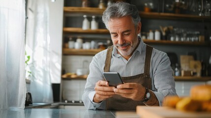 Middle-aged man using smartphone in cozy kitchen during leisure time
