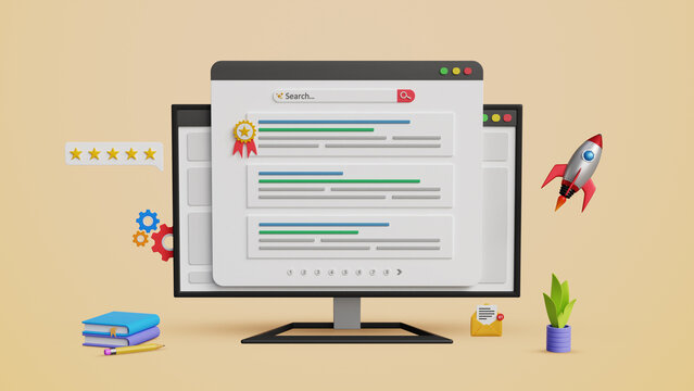 SEO ranking position, top ranking, web search page concept. Search engine optimization, Optimize your website to rank in top position on a computer. 3D illustration