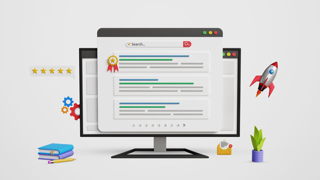Search Engine Optimization, SEO Strategy. Achieve Top Google ranking, effective keywords, backlinks, digital marketing for business growth. Web ranking page on computer screen. 3D illustration
