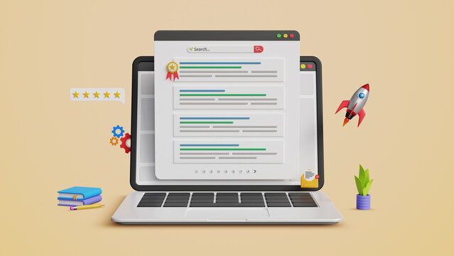 SEO ranking position, top ranking, web search page concept. Search engine optimization, Optimize your website to rank in top position on a laptop. 3D illustration