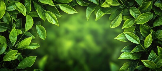 Close up of lush green tea leaves surrounded by a soft focus background ideal for overlaying text or branding elements.