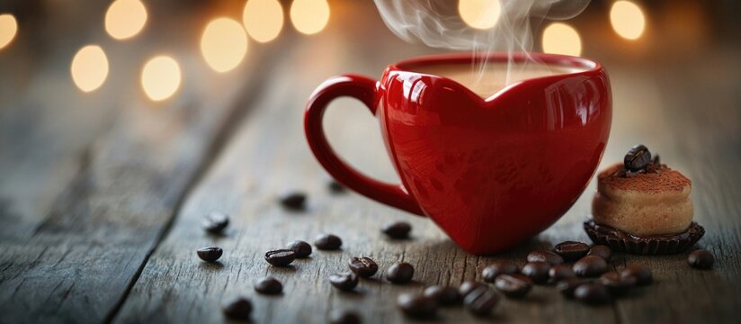 Heart-shaped red mug filled with steaming coffee surrounded by coffee beans and a cookie, set against a warm bokeh backdrop. - Powered by Adobe