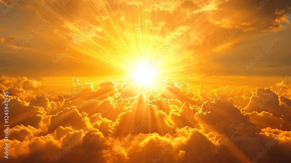 Poster golden rays of sunlight pierce through wispy clouds at dawn, illuminating the sky with vibrant color