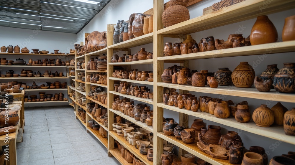 Poster shelves lined with products made by local artisans, highlighting the factory dedication to promoting
