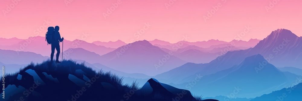 Poster silhouette of a hiker overlooking expansive mountain landscape at sunset with open space for text. g