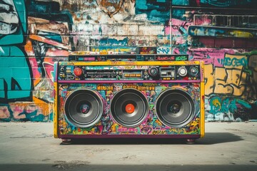 Graffiti-covered boombox outdoors, urban music backdrop