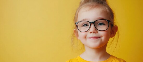 Smiling preschool girl in glasses against a bright yellow background with space for text and creative design elements.