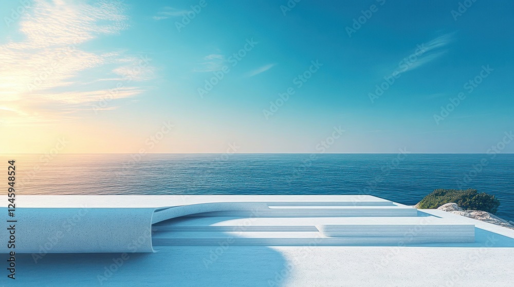 Poster minimalist coastal product display podium with ocean view and soft sunlight