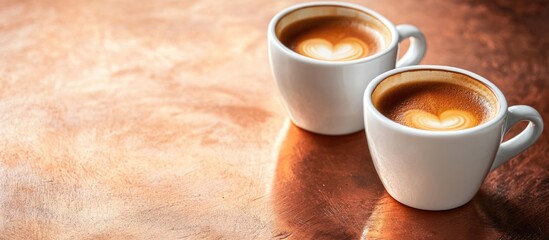 Close up of double espresso coffee cups on a brushed copper table with crema on top and space for text or branding enhancement