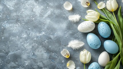 Easter celebration blue eggs and tulips on gray stone table