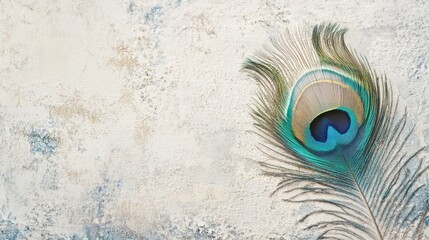 Obraz premium Vibrant old peacock feather close-up on textured light background with ample copy space for creative text or design elements