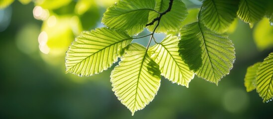 Fototapeta na wymiar Closeup of vibrant green leaves illuminated by daylight showcasing intricate textures and natural beauty in a tranquil setting
