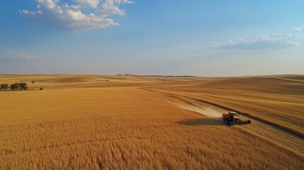 Obraz premium Golden Wheat Field with Tractor Harvesting