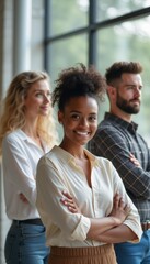 Obraz premium A diverse group of three professionals stands confidently in a modern office space, showcasing teamwork and collaboration. The woman in front, with a radiant smile, exudes positivity, while her