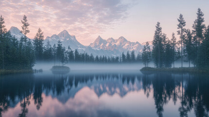 Fototapeta premium A tranquil wilderness scene of a pristine mountain lake with towering, jagged peaks in the background