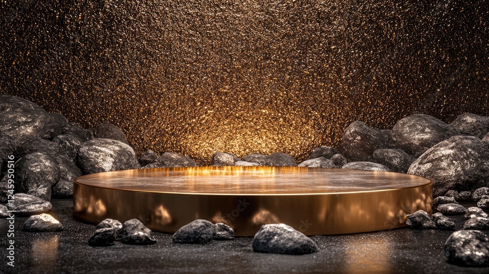 Poster Sparkling pebbles and shimmering rocks form a dazzling background for an empty showcase podium, perfect for a cosmetic product presentation in a luxurious setting.