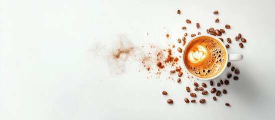 Coffee cup with latte art surrounded by scattered roasted coffee beans on a clean white background showcasing a coffee lover's aesthetic.