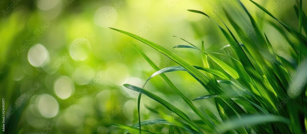 Poster vibrant bokeh background with green grass creating a tranquil atmosphere and ample space for text or