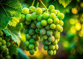Lush green grapes cling to a vine, a vibrant macro painting capturing nature's peaceful beauty.