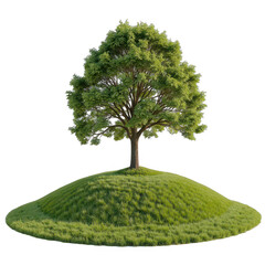 Lush green tree on a grassy hill, vibrant foliage and round mound of grass, ideal for nature themes or outdoor designs. Isolated on white background or PNG