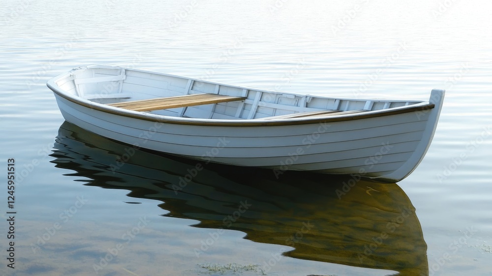 Fototapete serene rowing boat moored on tranquil water with abundant copy space for text and design elements