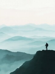 Hiker silhouetted against mountains during sunset with room for personal reflection. Generative AI