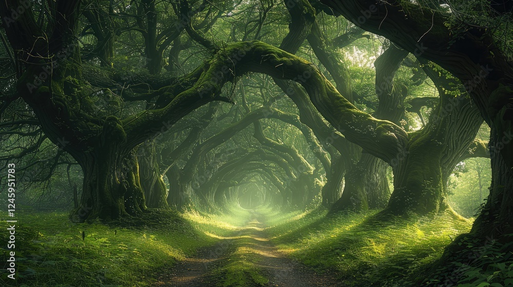 Poster Ancient Trees, Towering trees with twisted trunks and glowing moss, creating a natural archway that leads deeper into the enchanted woods.