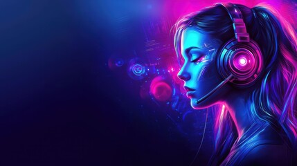 Fototapeta premium Futuristic female dj in neon cyberpunk cityscape