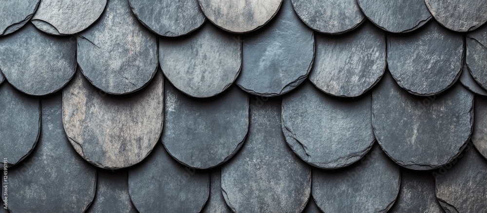 Poster closeup view of textured grey rooftop tiles arranged in a unique overlapping pattern perfect for arc