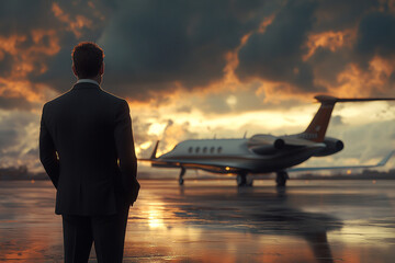 Photo of a man in a suit, standing on the tarmac and looking at a private jet, taken from behind.