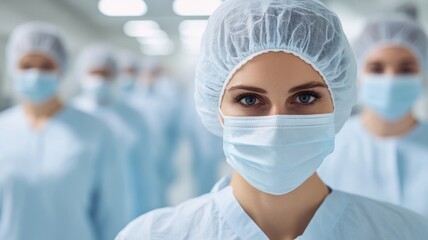 A focused group of healthcare professionals in surgical attire, wearing masks and caps, emphasizing safety and teamwork in a medical environment.