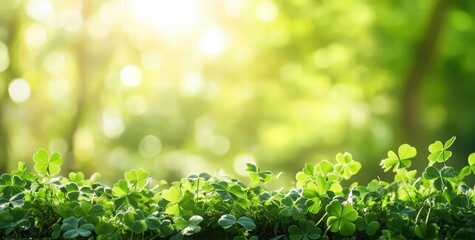 Lush green clover leaves growing in the forest, St. Patrick's Day celebration or spring season concept. nature and a forest