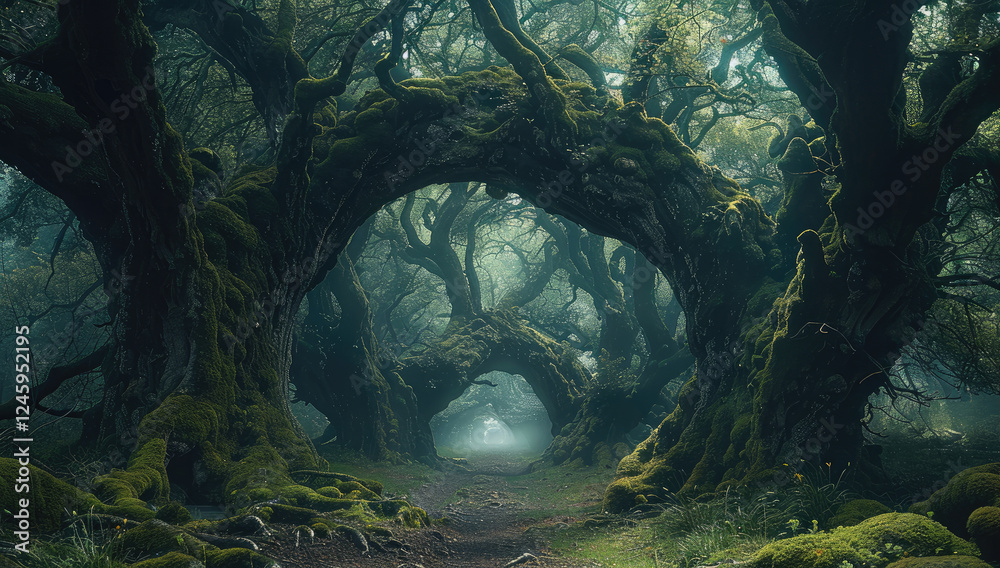 Poster Ancient Trees, Towering trees with twisted trunks and glowing moss, creating a natural archway that leads deeper into the enchanted woods.