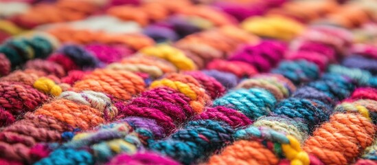 Vibrant close-up view of a colorful woven carpet showcasing intricate texture and rich patterns in a blend of warm hues.