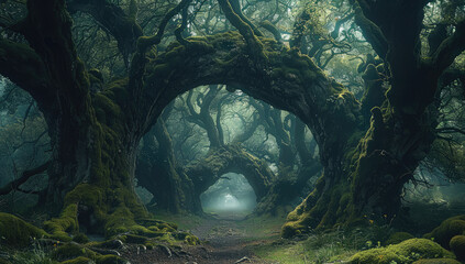 Ancient Trees, Towering trees with twisted trunks and glowing moss, creating a natural archway that leads deeper into the enchanted woods.