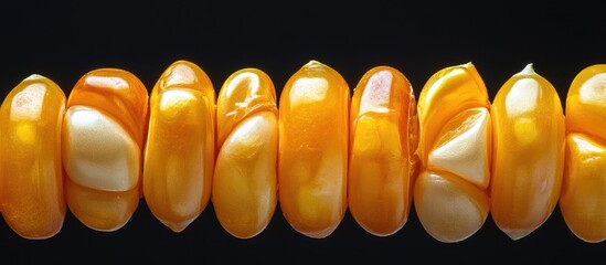 Closeup of vibrant yellow corn kernels arranged neatly against a black background highlighting their texture and color contrast.