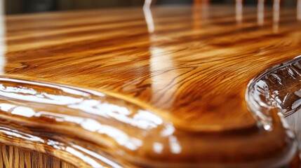 Fototapeta premium Varnishing Process on Glossy Wooden Furniture with Highlighted Grain and Space for Copy Text