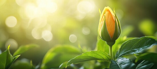 Closeup of vibrant yellow orange rosebud surrounded by lush greenery and soft sunlight creating a serene garden atmosphere