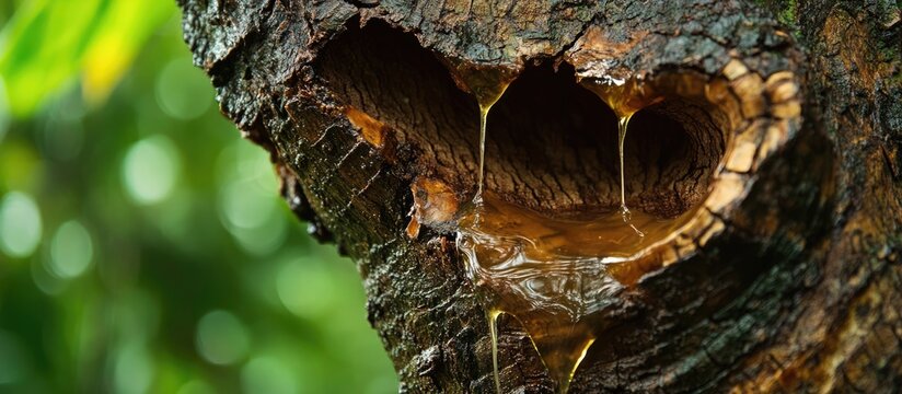 Closeup of a hollowed damar tree showcasing sap extraction from Shorea javanica in its natural rainforest habitat.
