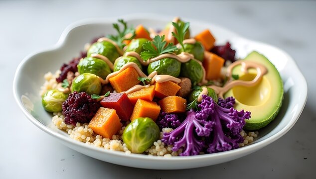 A modern vegan bowl with vibrant ingredients, elegantly plated for a fresh and stylish look. AI-generated.	