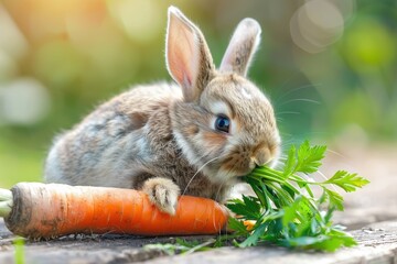 Fototapeta premium Cute rabbit enjoying a fresh carrot surrounded by green foliage in a sunny garden setting during the afternoon