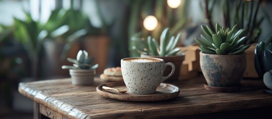 Cozy coffee cup on rustic table surrounded by succulents in vintage cafÃ© atmosphere with warm lighting and inviting decor