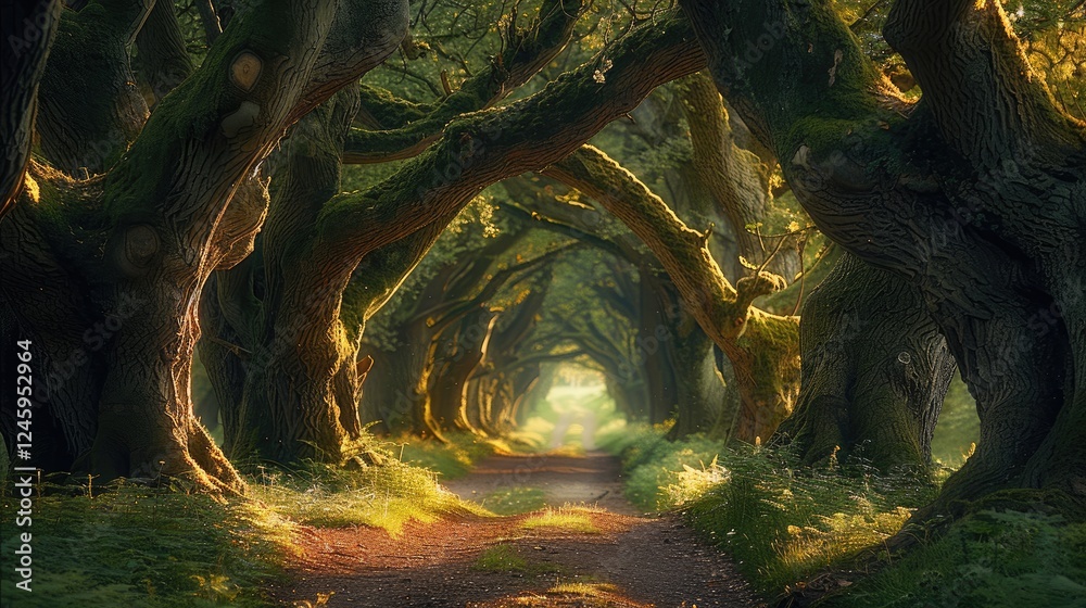 Poster Ancient Trees, Towering trees with twisted trunks and glowing moss, creating a natural archway that leads deeper into the enchanted woods.