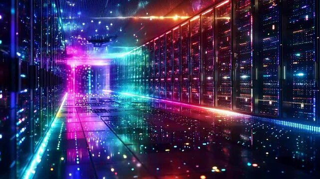 Video with bright servers in a data centre illuminated by multicoloured lights creates a futuristic atmosphere, for technological presentations, IT service advertisements or popular science videos.
