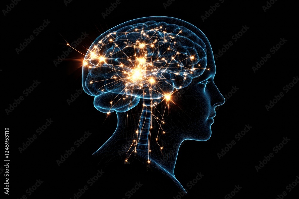 Poster Scientific representation of the brain and nervous system showcasing glowing neuron pathways and dynamic electrical activity. Generative AI