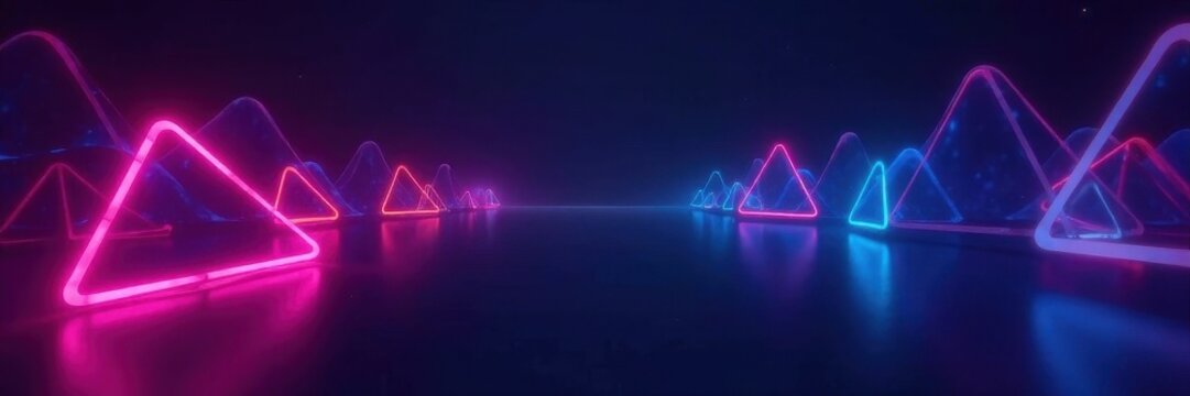 Geometric, glowing neon shapes on dark background, space, abstract
