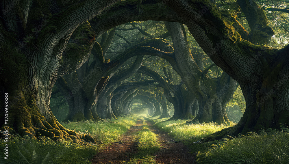 Poster Ancient Trees, Towering trees with twisted trunks and glowing moss, creating a natural archway that leads deeper into the enchanted woods.