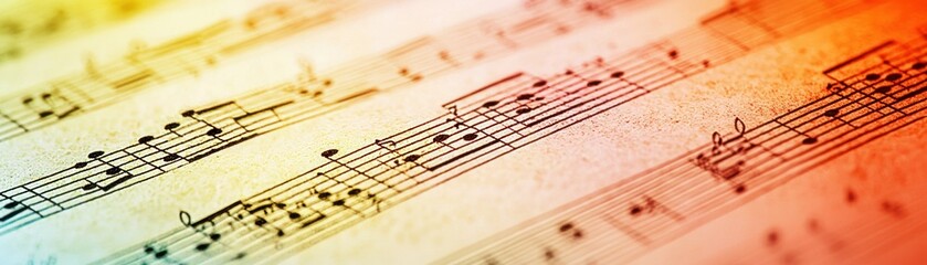 Colorful sheet music close-up; musical notes, composition, background blur; for music education